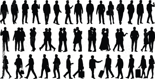 Human interaction silhouette, people walking talking, social behavior vector, business travel poses, cad drawing flat vector illustration, communication artwork