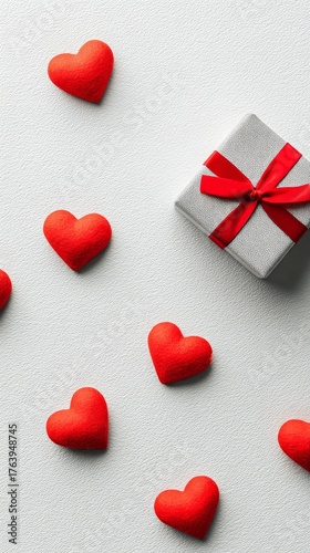 Small Black Gift Box With Red Hearts Arranged on a White Background for a Cel...