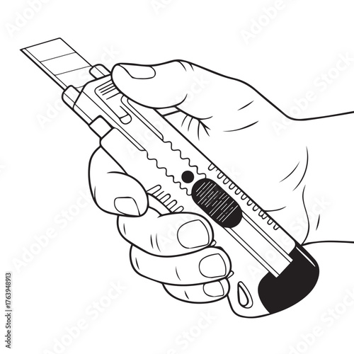 Hand holding a utility knife with a retractable blade, isolated on transparent background