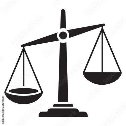 Black silhouette of a justice scale with unevenly balanced pans, symbolizing law and fairness isolated on transparent background