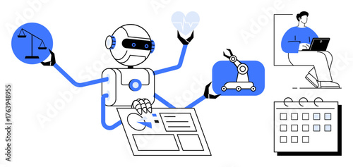Robot managing scales of justice, healthcare decisions, robotic arm, data input, calendar scheduling. Ideal for AI, automation, innovation ethics productivity technology decision-making. Simple