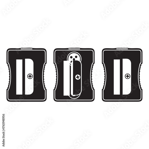 Three black pencil sharpeners isolated on transparent background