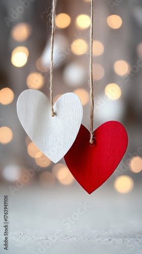 Hanging Red and White Heart Decorations Against a Blurred Background of Soft ...