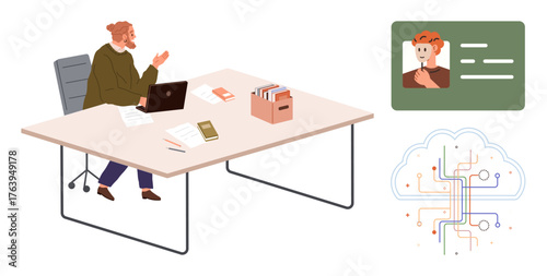 Man engaging in a video call at desk, files and gadgets spread around, digital AI cloud circuit nearby. Ideal for remote work, communication, AI, technology, productivity, workspace innovation