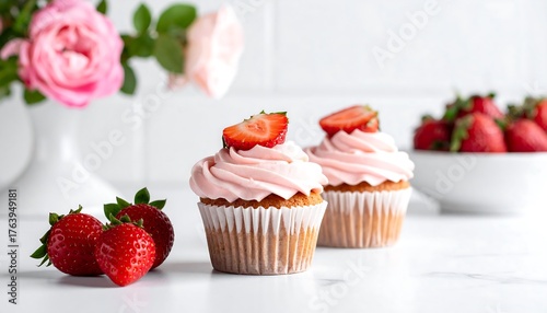 Delicious Strawberry Cupcakes with Pink Frosting and Fresh Berries.