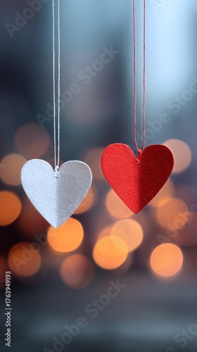 Decorative Hearts Hanging on a String in a Cozy Setting With Blurred Lights i...