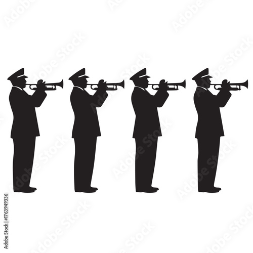 Four trumpeters in uniform playing their instruments, isolated on transparent background