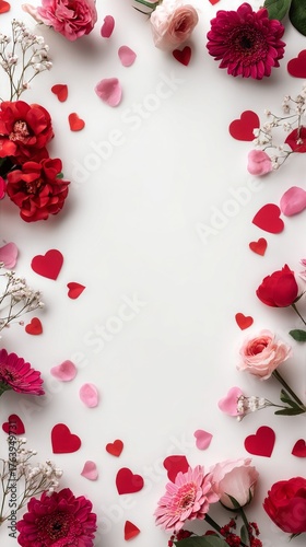 Colorful Floral Arrangement With Heart Shapes on a White Background for Celeb...