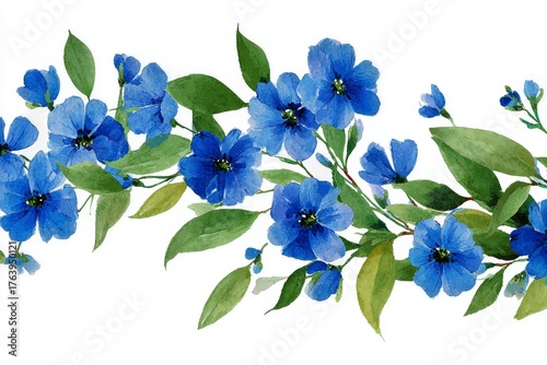 Beautiful Blue Flowers With Yellow Buds in Vibrant Watercolor Style on a Whit...