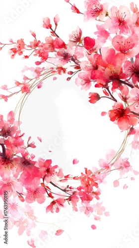Bright Pink Cherry Blossom Branch Framing a Blank Circle Background for Sprin...