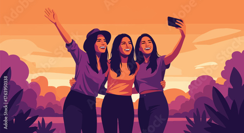 Flat vector of three women taking selfie in green park, cheerful friendship and outdoor leisure concept