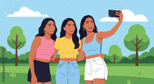 Flat vector of three women taking selfie in green park, cheerful friendship and outdoor leisure concept