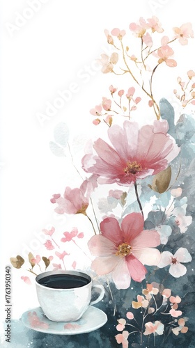 Enjoying a Cup of Coffee Surrounded by Beautiful Pastel Flowers in a Serene S...