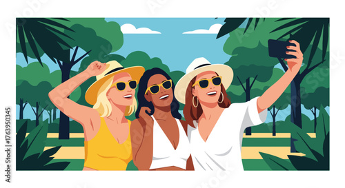 Flat vector of three women taking selfie in green park, cheerful friendship and outdoor leisure concept