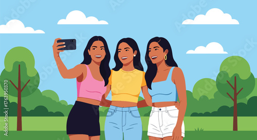 Flat vector of three women taking selfie in green park, cheerful friendship and outdoor leisure concept