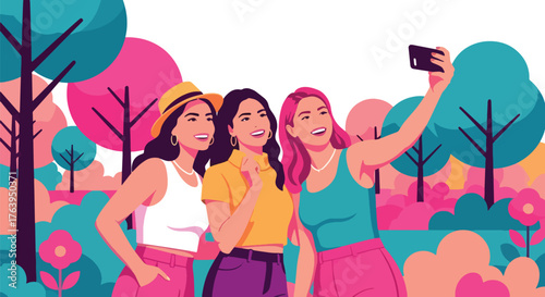Flat vector of three women taking selfie in green park, cheerful friendship and outdoor leisure concept