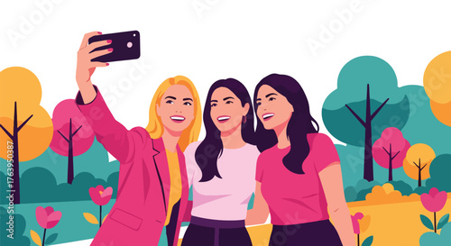 Flat vector of three women taking selfie in green park, cheerful friendship and outdoor leisure concept