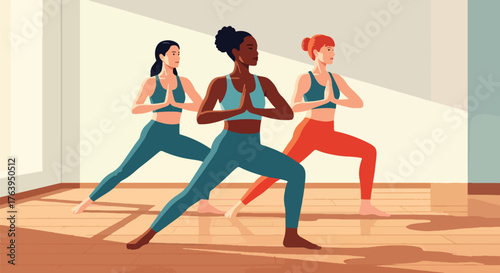 Flat vector of women friends practicing yoga together in studio, harmony, balance, and healthy lifestyle concept