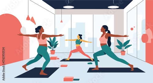 Flat vector of women friends practicing yoga together in studio, harmony, balance, and healthy lifestyle concept