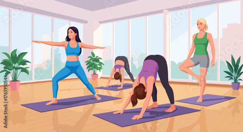 Flat vector of women friends practicing yoga together in studio, harmony, balance, and healthy lifestyle concept