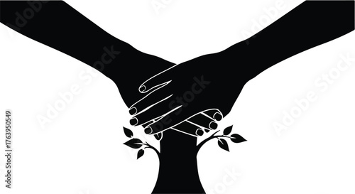 Hands reaching down to support a growing tree, symbolizing unity and nurturing growth