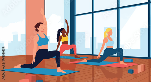 Flat vector of women friends practicing yoga together in studio, harmony, balance, and healthy lifestyle concept