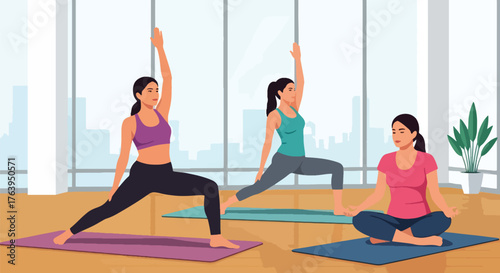 Flat vector of women friends practicing yoga together in studio, harmony, balance, and healthy lifestyle concept