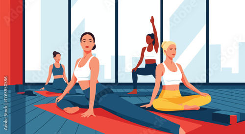 Flat vector of women friends practicing yoga together in studio, harmony, balance, and healthy lifestyle concept