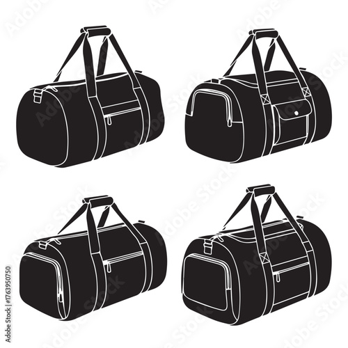 Collection of four black duffel bags isolated on transparent background