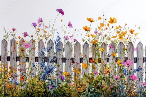 Colorful Wildflowers Blooming Against a White Picket Fence in a Sunny Garden ...