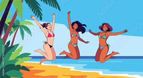 Vector art of three happy women in swimsuits jumping on a tropical beach, celebrating friendship and summer vacation by the ocean under a bright sunny sky