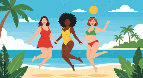 Vector art of three happy women in swimsuits jumping on a tropical beach, celebrating friendship and summer vacation by the ocean under a bright sunny sky