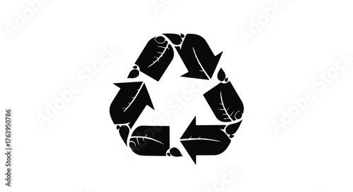 Black recycling symbol with stylized leaves, representing environmental protection and sustainability.