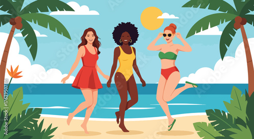 Vector art of three happy women in swimsuits jumping on a tropical beach, celebrating friendship and summer vacation by the ocean under a bright sunny sky