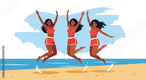 Vector art of three happy women in swimsuits jumping on a tropical beach, celebrating friendship and summer vacation by the ocean under a bright sunny sky