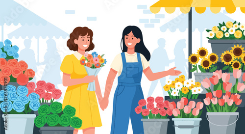 Flat vector of women friends shopping for fresh flowers at market, cheerful weekend friendship moment