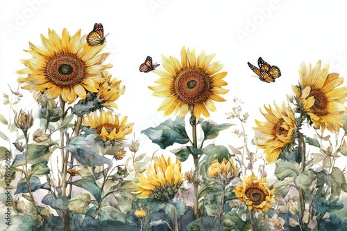 Sunflowers and Butterflies in a Vibrant Garden Scene Under Bright Daylight