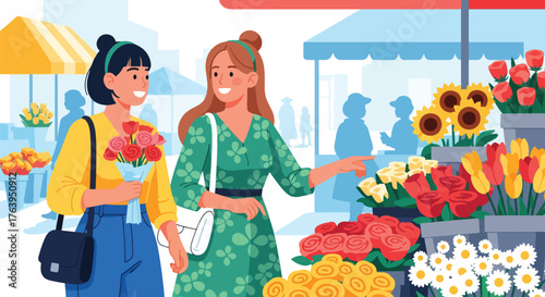 Flat vector of women friends shopping for fresh flowers at market, cheerful weekend friendship moment