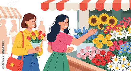 Flat vector of women friends shopping for fresh flowers at market, cheerful weekend friendship moment