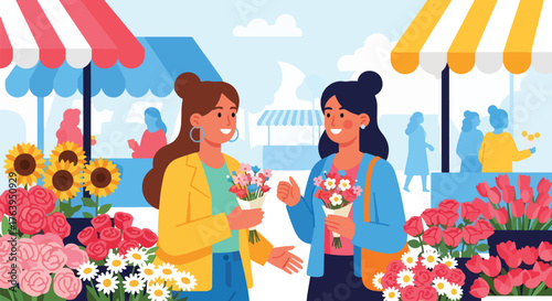 Flat vector of women friends shopping for fresh flowers at market, cheerful weekend friendship moment