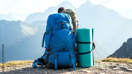 Hiker with Blue Backpack and Yoga Mat on Mountain Summit at Sunrise