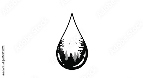 Nature's essence captured within a single drop of water, reflecting a serene forest scene.