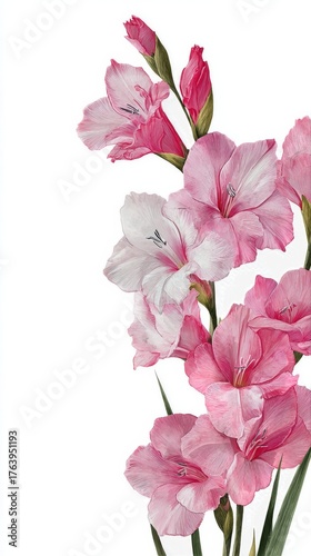 Beautiful Pink and White Gladiolus Flowers Arranged Elegantly on a White Back...