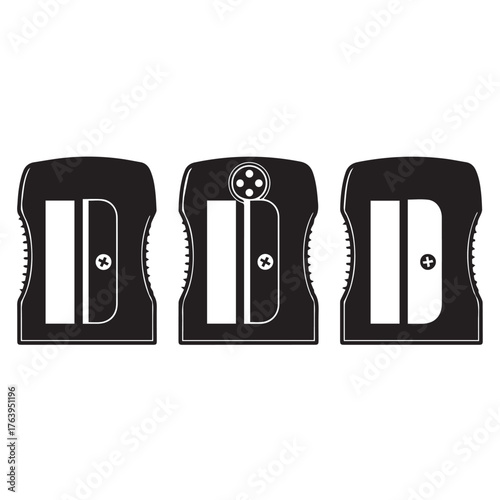 Three black and white pencil sharpeners lined up, isolated on transparent background