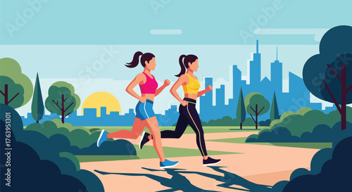Flat vector of women jogging together in park at sunrise, friendship and active healthy lifestyle concept