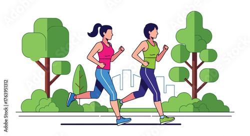 Flat vector of women jogging together in park at sunrise, friendship and active healthy lifestyle concept