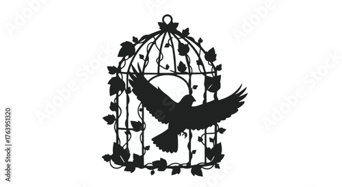 Silhouette of a bird taking flight from a decorative, vine-covered cage, symbolizing freedom and escape.