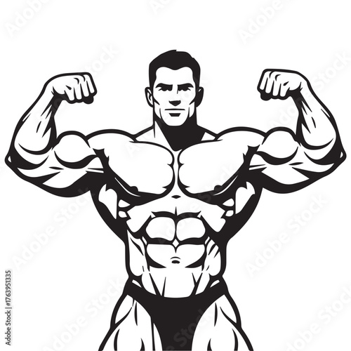 Black and white illustration of a muscular bodybuilder flexing his biceps isolated on transparent background