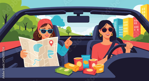 Flat vector of women friends on road trip adventure with car and map, travel, freedom, and laughter illustration