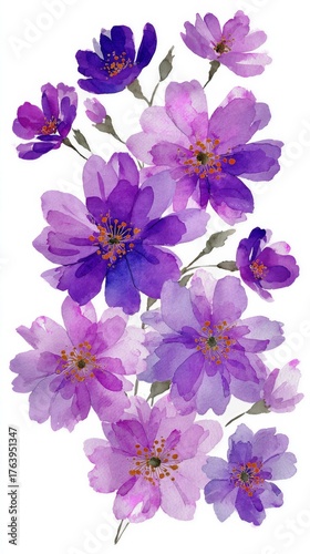 Beautiful Watercolor Flowers in Shades of Purple and Blue With Intricate Deta...